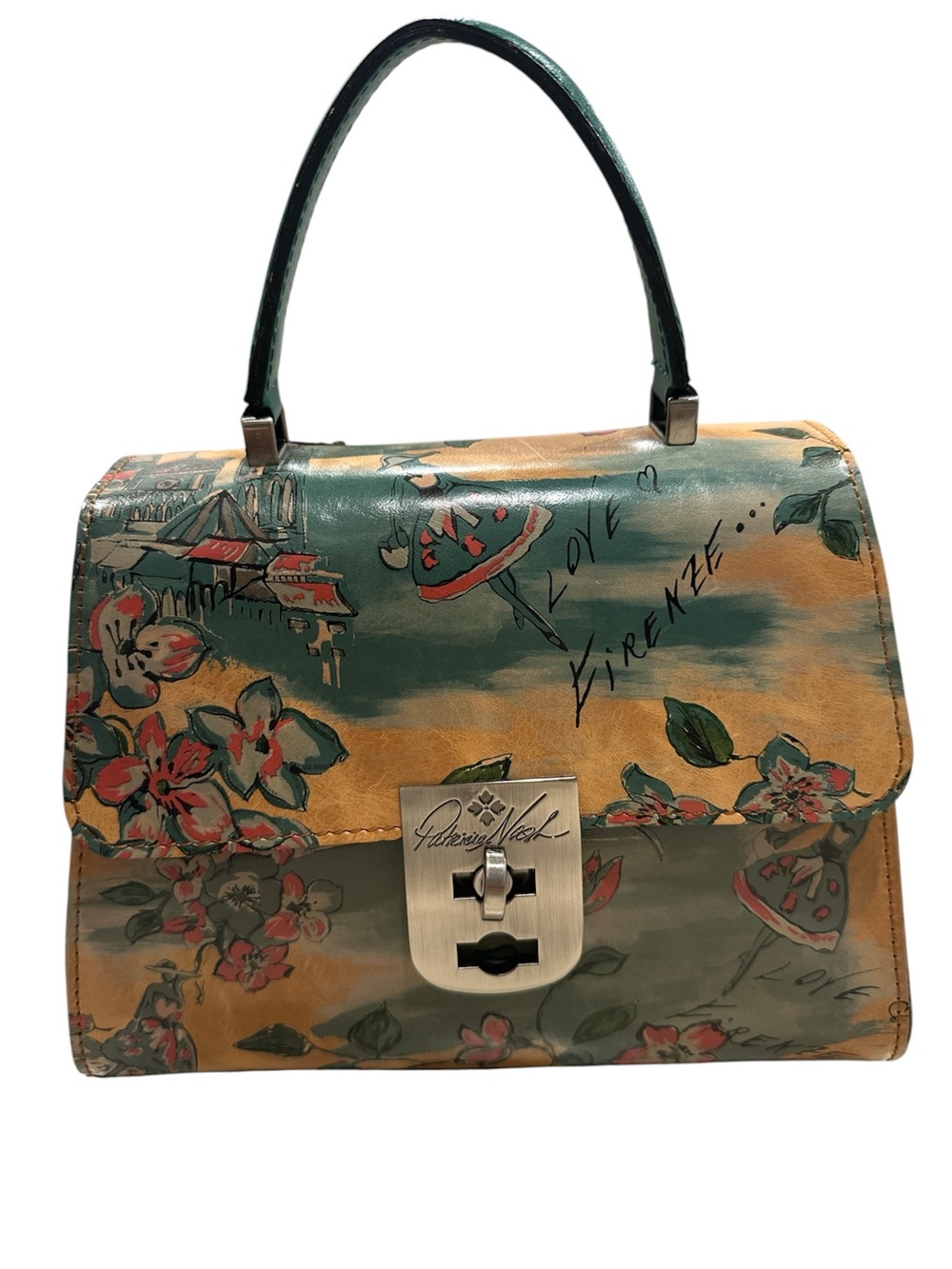 Patricia Nash Painted Floral Leather Satchel in Teal and Tan